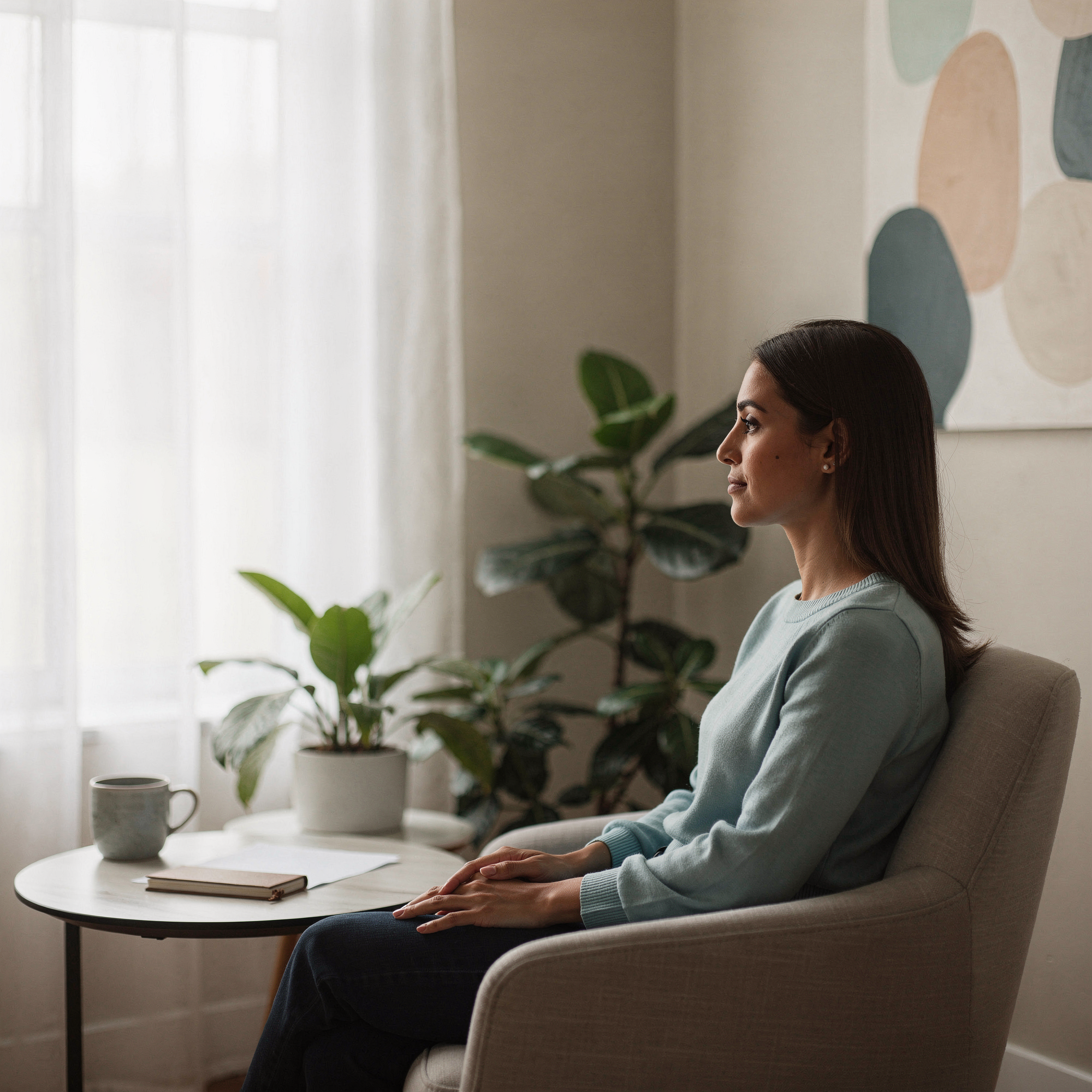 Woman seated in an armchair with a mug – psychiatrist in Cheltenham, PA